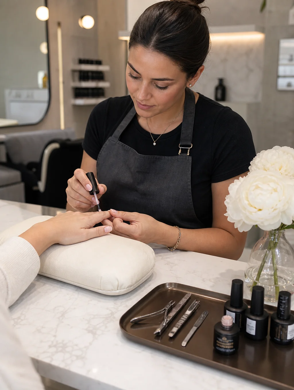 Gel manicure application with LED curing lamp