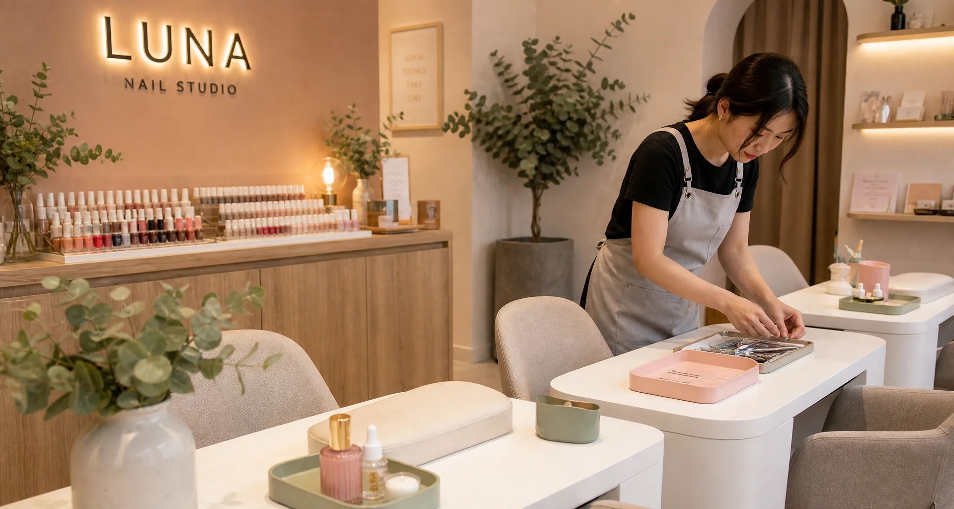 High-end editorial nail care and serene luxury manicure salon environment in Lebanon Tennessee