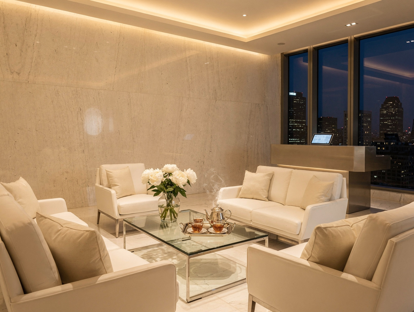 Complimentary luxury beverage service in salon lounge